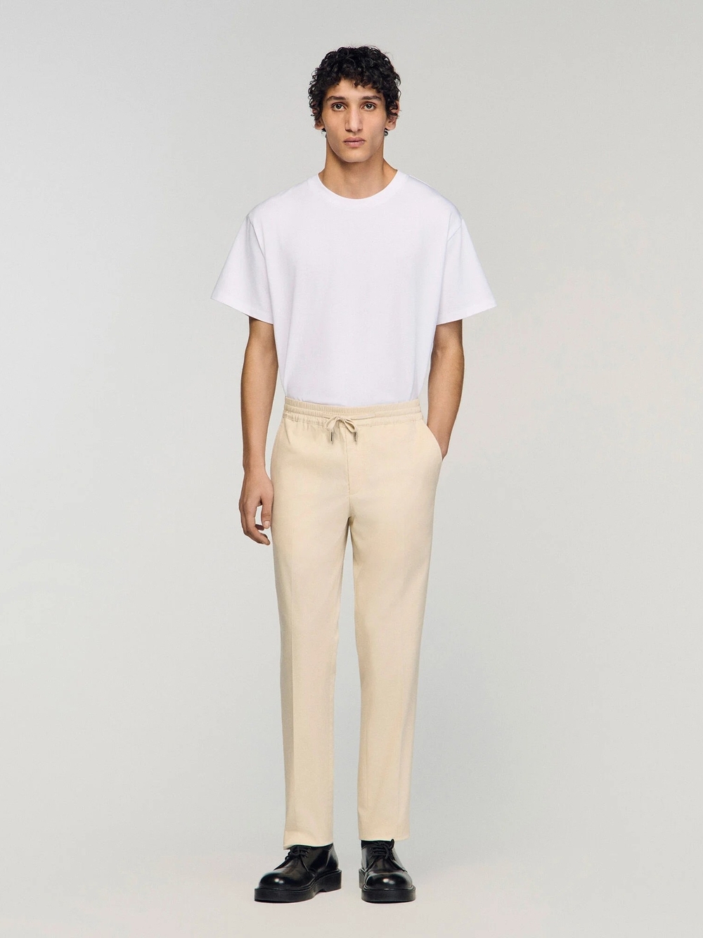 Sandro Alpha Cotton Blend Straight Leg Drawstring Trousers Brown Buttons
